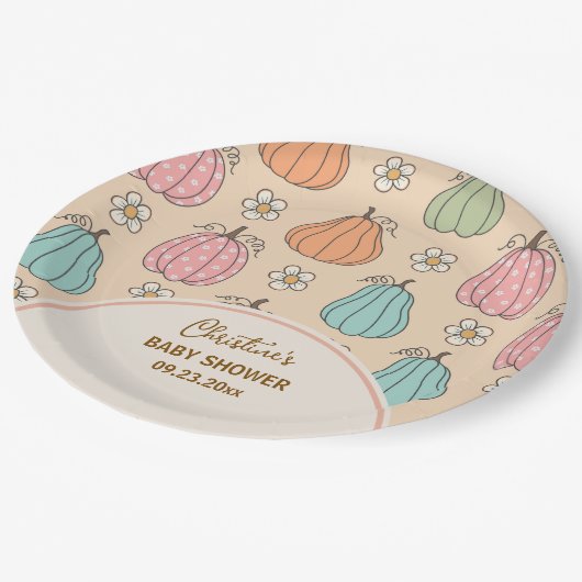 Farbige, neutrale Beige Pumpkin Pattern Baby Dusch Pappteller (Schrägansicht)