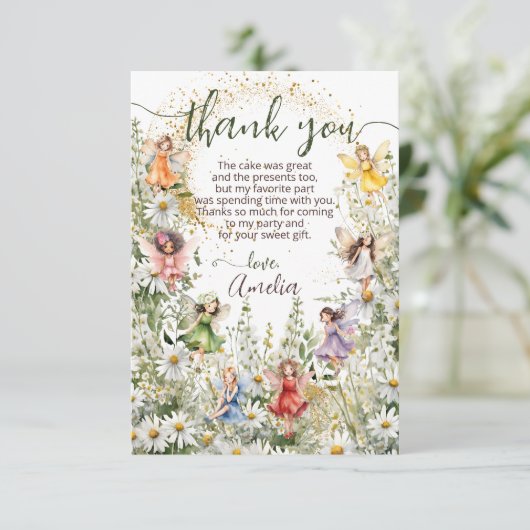 Farbige Niedliche Blume Fairies Glitzer Script Dankeskarte (Stehend Vorderseite)