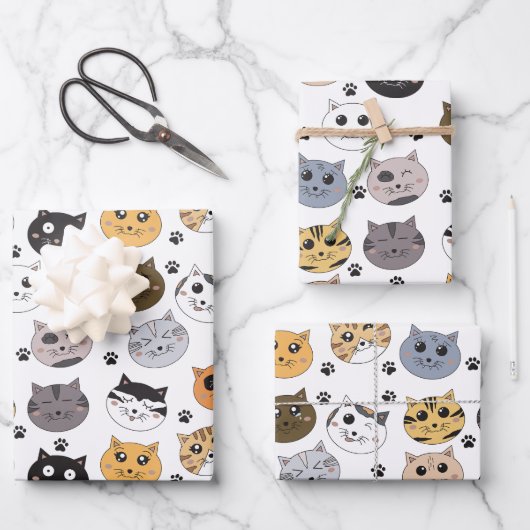 Farbige Niedliche Funny Cats & Paw Muster Geschenkpapier Set (Vorderseite)