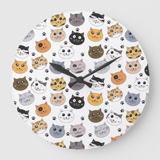 Farbige Niedliche Funny Cats & Paw Muster Große Wanduhr (Vorderseite)