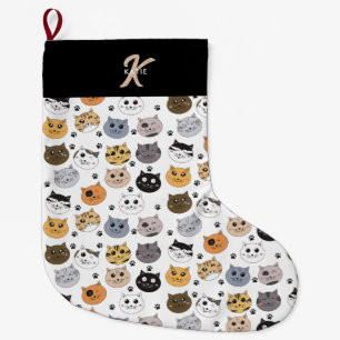 Farbige Niedliche Funny Cats & Paw Muster Monogram Großer Weihnachtsstrumpf