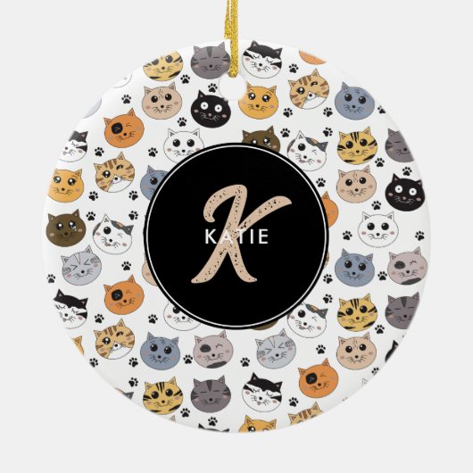 Farbige Niedliche Funny Cats & Paw Muster Monogram Keramik Ornament (Hinten)
