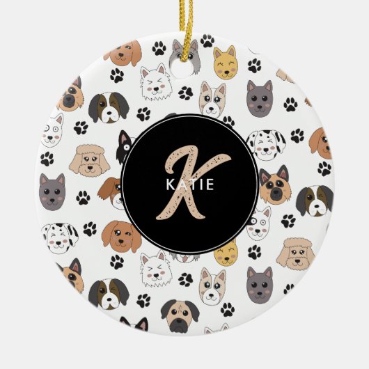 Farbige Niedliche Hunde und Dog Paw Monogramm Keramik Ornament (Vorne)