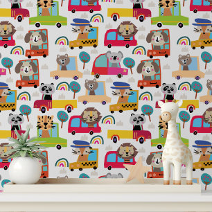 Farbige Niedliche Tiere Autos Kindermuster Tapete
