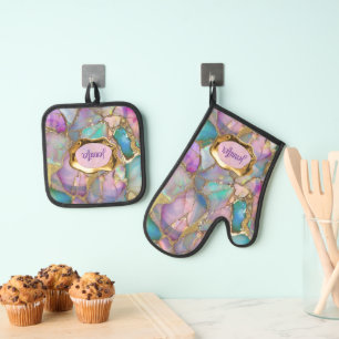 Farbige Opal- und Liquid-Gold-Personalisiert Ofenhandschuh & Topflappen-Set
