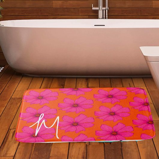 Farbige orange rosa florale Moderne Monogramm Badematte