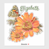 Farbige orangefarbene Blume und Schmetterlingstick Aufkleber (Blatt)