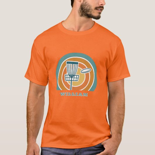 Farbige orangefarbene Retro Disk Golf T-Shirt (Vorderseite)