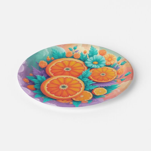 Farbige Orangen Pappteller (Schrägansicht)