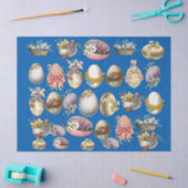 FARBIGE OSTEREIER, BLUMEN, WEISSE DOVEN IN BLAU SEIDENPAPIER (Basteln)