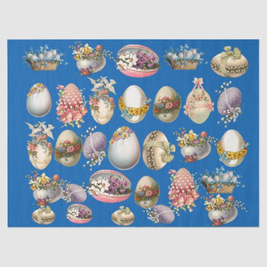 FARBIGE OSTEREIER, BLUMEN, WEISSE DOVEN IN BLAU SEIDENPAPIER (Vorderseite)