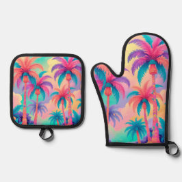 Farbige Palmen Ofenhandschuh & Topflappen-Set