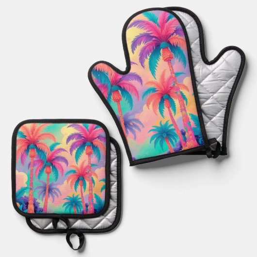 Farbige Palmen Ofenhandschuh & Topflappen-Set (Vorderseite/Rückseite)