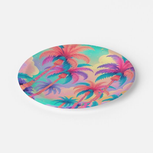 Farbige Palmen Pappteller (Schrägansicht)