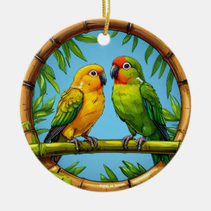 Farbige Papageien auf einem Bambusrahmen Keramik Ornament