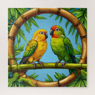 Farbige Papageien auf einem Bambusrahmen Puzzle