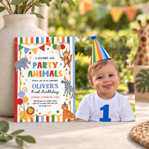 Farbige Party-Tiere Junge 1. Geburtstagsfoto Einladung