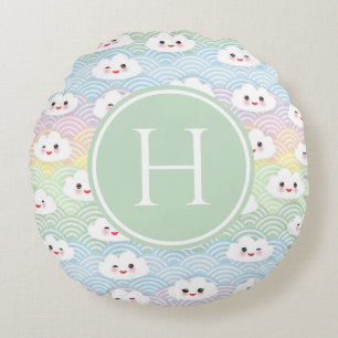Farbige Pastell-Kawaii-Wolken Muster Monogramm Rundes Kissen