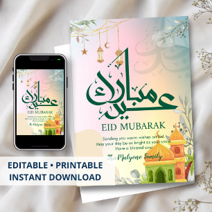 Farbige Pastell-Sonnenuntergangs-Moschee-Eid-Mubar Feiertagskarte