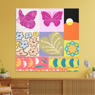 Farbige Patchwork-GERAHMTE Blume Vintag Leinwanddruck