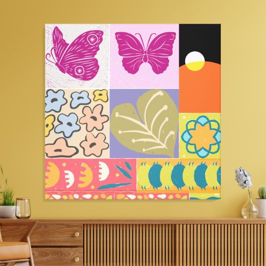 Farbige Patchwork-GERAHMTE Blume Vintag Leinwanddruck (Insitu (Wohnzimmer))