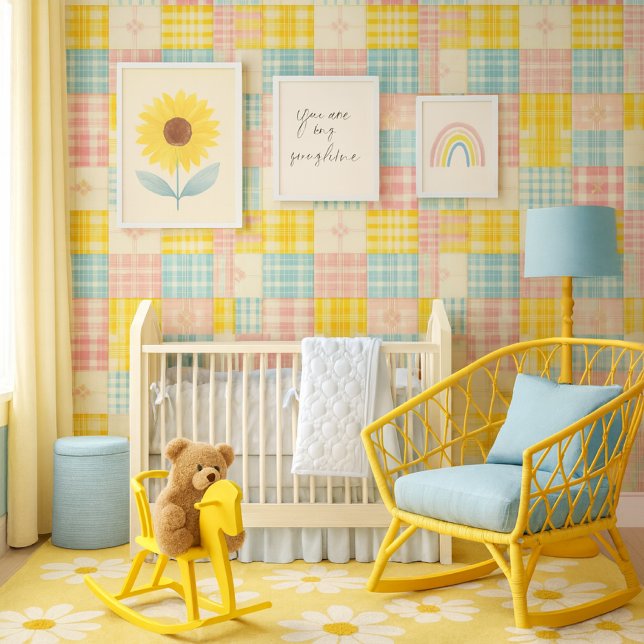 Farbige Patchwork-Kariert-Babynursery   Tapete ( Cheerful pastel patchwork wallpaper adds playful charm and spring color to any nursery )