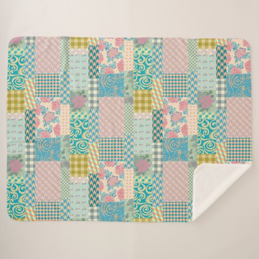 Farbige Patchwork Muster Blume Kariert Streifen Sherpadecke (Vorderseite (Horizontal))