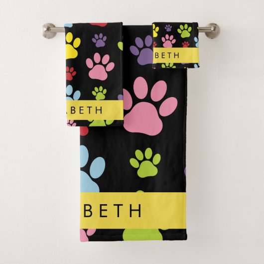 Farbige Paws, Muster, Hundepaws, Ihr Name Badhandtuch Set (Insitu)