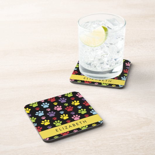 Farbige Paws, Muster, Hundepaws, Ihr Name Getränkeuntersetzer (Rechte Seite)