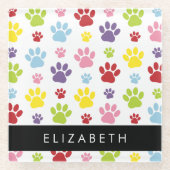 Farbige Paws, Muster, Hundepaws, Ihr Name Glasuntersetzer (Vorderseite)