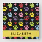 Farbige Paws, Muster, Hundepaws, Ihr Name Quadratische Wanduhr (Vorderseite)