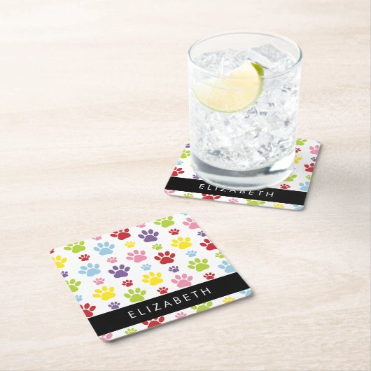 Farbige Paws, Muster, Hundepaws, Ihr Name Rechteckiger Pappuntersetzer (Vor Ort)