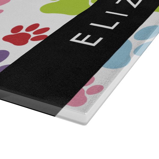 Farbige Paws, Muster, Hundepaws, Ihr Name Schneidebrett (Ecke)