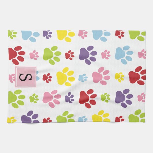 Farbige Paws, Muster, Hundepaws, Monogramm Geschirrtuch (Horizontal)