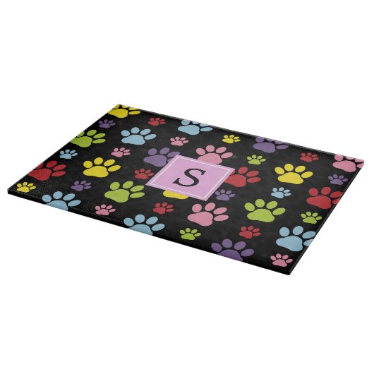Farbige Paws, Muster, Hundepaws, Monogramm Schneidebrett (Ecke)