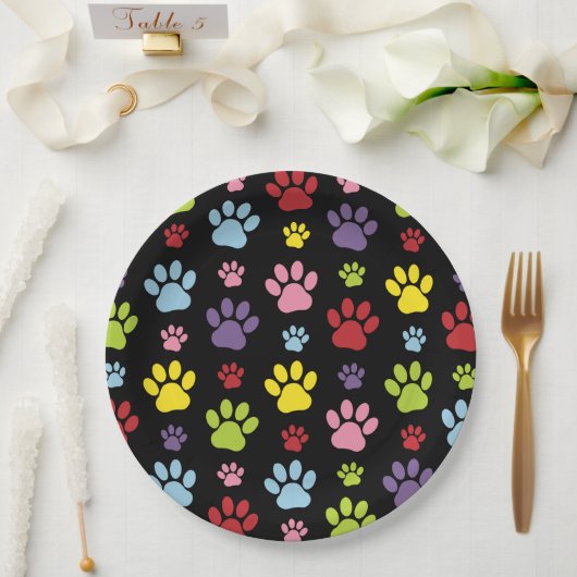 Farbige Paws, Muster, Paw Prints, Hundeschrauben Pappteller (Hochzeit)