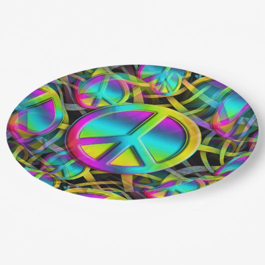 Farbige PEACE nahtlose Muster + Ihre Ideen Pappteller (Schrägansicht)