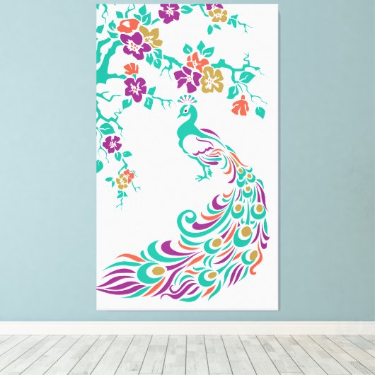 Farbige Pfau- und Kirschblüten Leinwanddruck (Insitu (Holzboden))