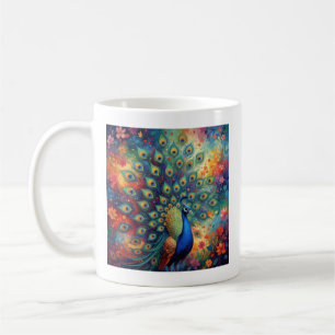 Farbige Pfauenfedern und Blumen Kaffeetasse