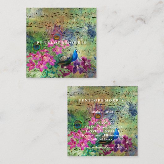Farbige Pfauenkollage Makeup Artist Square Quadratische Visitenkarte (Vorne/Hinten)