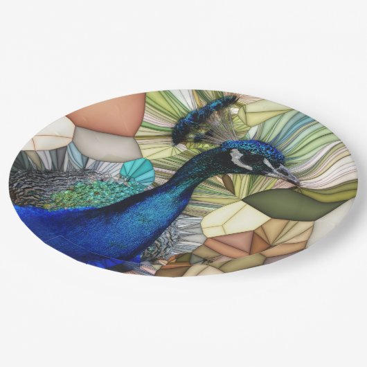 Farbige Pfauenmosaikpapier-Teller Pappteller (Schrägansicht)