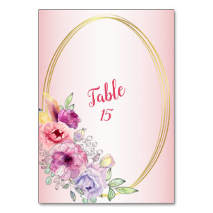Farbige Pfirsich-Blumen-Goldene-Aquarell-Hochzeit Tischnummer