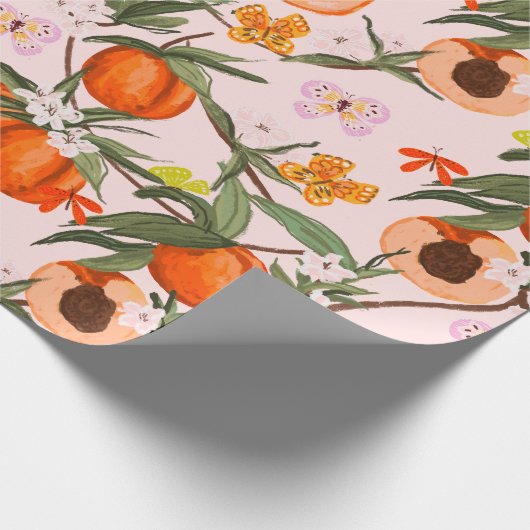 Farbige Pfirsiche mit Schmetterlingsmuster Geschenkpapier (Ecke)