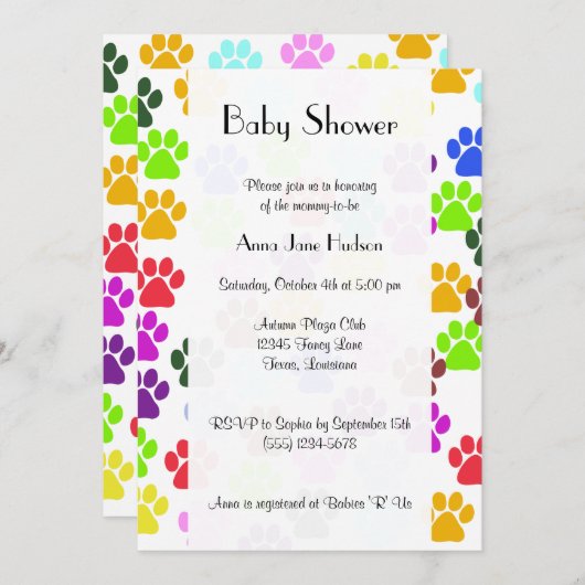 Farbige Pfoten, Pattern, Hundeschlitten, Babydusch Einladung (Vorne/Hinten)