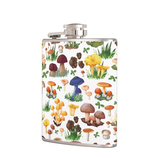 Farbige Pilze in Weiß Flachmann (Links)