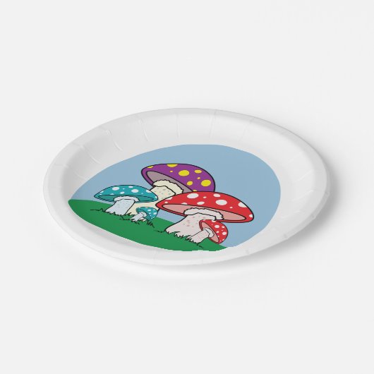 Farbige Pilze Pappteller (Schrägansicht)