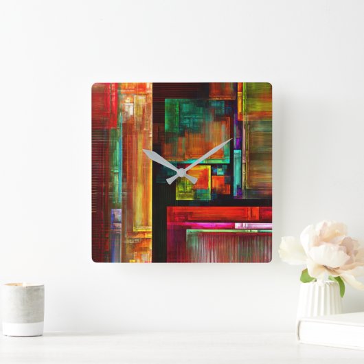 Farbige Plätze Modernes Abstraktes Kunstmuster #04 Quadratische Wanduhr (Zuhause)
