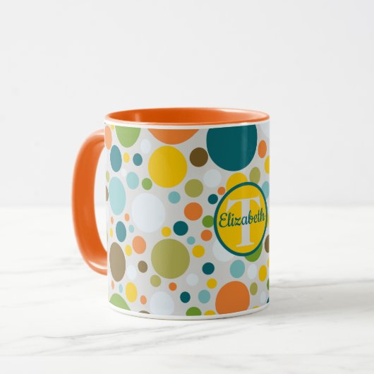 Farbige Polka Dots Muster Name des Monogramms Tasse (Vorderseite Links)