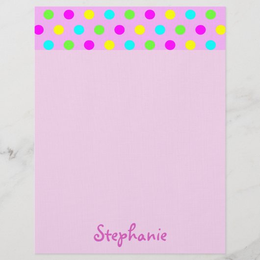 Farbige Polka-Punkte auf rosa Mädchenname Briefbogen (Vorderseite)
