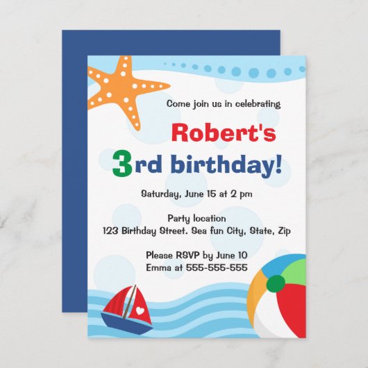 Farbige Pool- oder Beach-Party Einladung für Kinde (Vorne/Hinten)